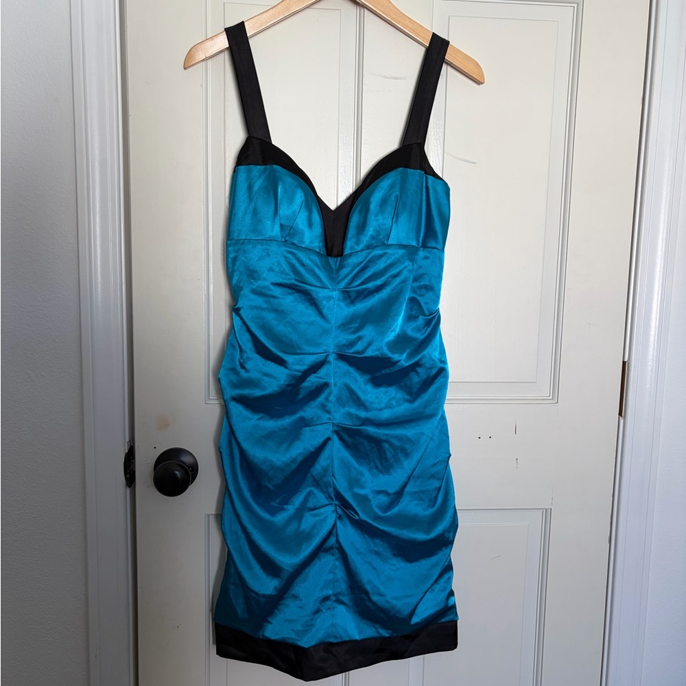 Morgan & Co. Blue Satin Mini Dress with Black Trim